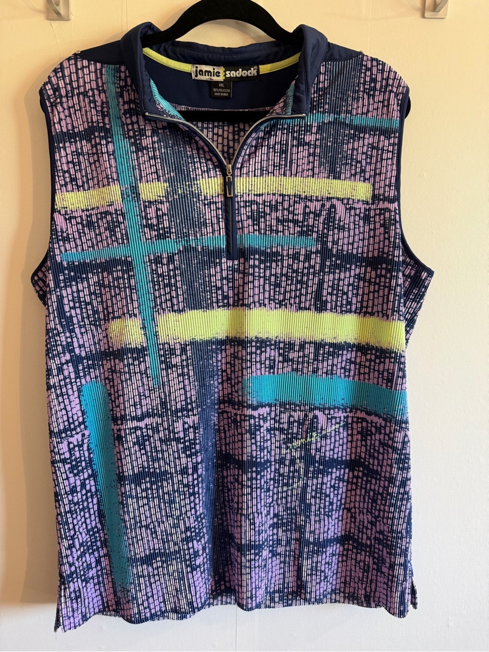 Jamie Sadock XXL Sleeveless Quarter Zip Golf Top Abstract Print Navy Purple